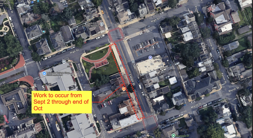 An aerial map with a red arrow shows the work area, outlined in red. A yellow box with text reads Work to occur from Sept. 2 through end of Oct.